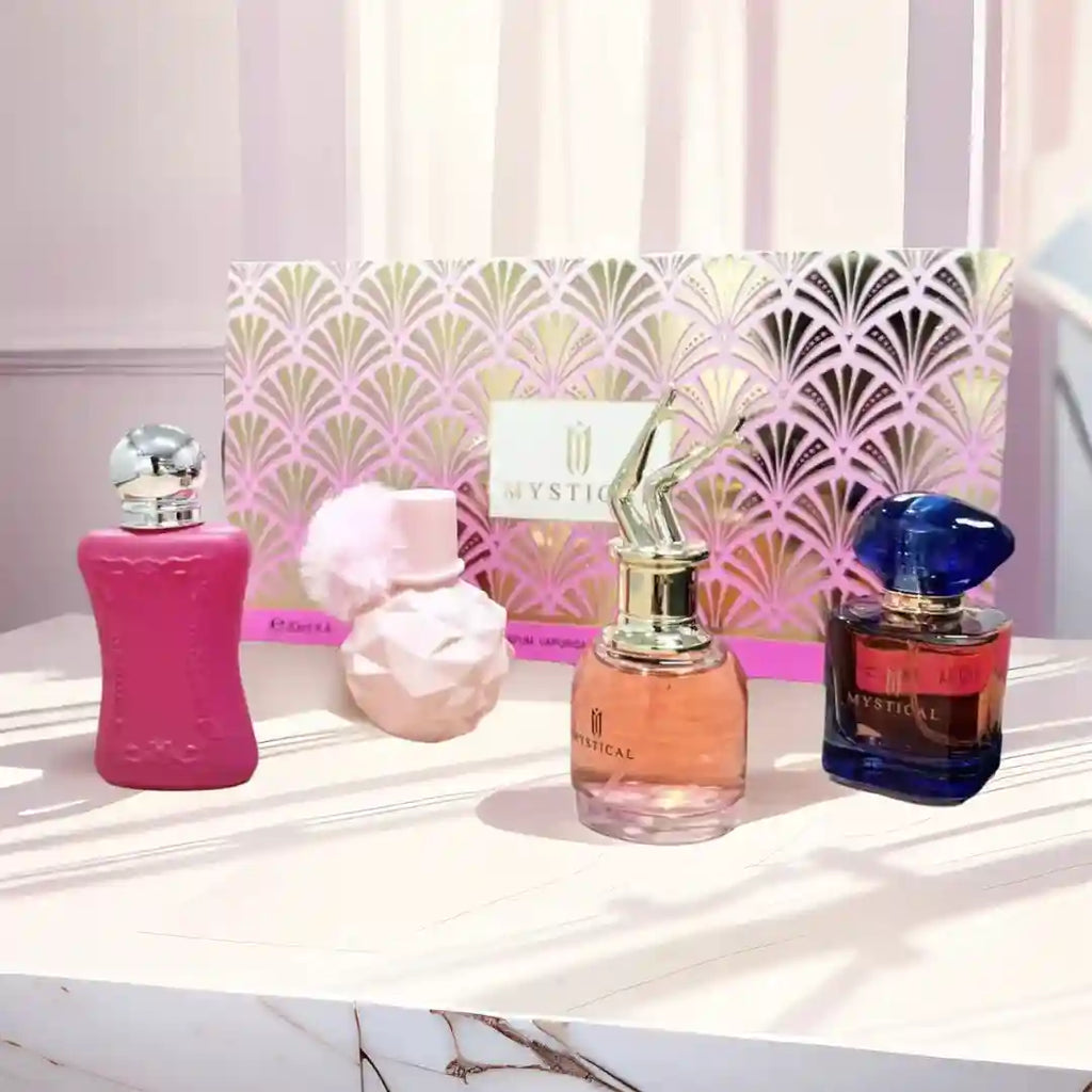 MYSTICAL perfume gift set: 4 unique glass bottles, lasting fresh unisex fragrance, ideal luxury birthday/holiday gift.