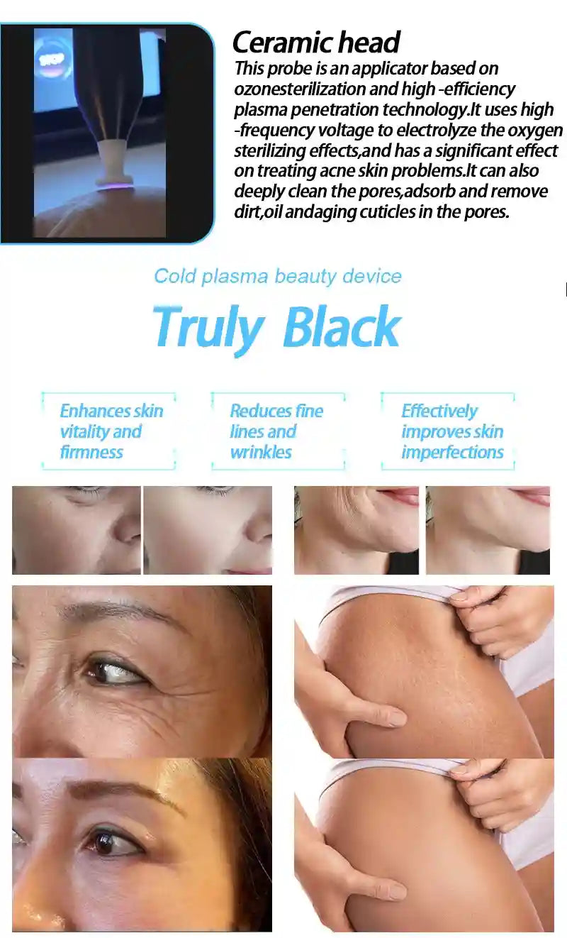 6-in-1 black cold plasma beauty device with ceramic head for deep skin cleaning, acne treatment, and anti-aging.