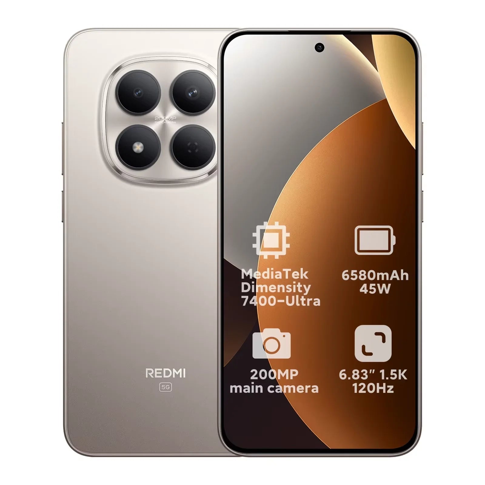 Redmi Note 15 Pro 5G gold smartphone: 200MP camera, Dimensity 7400-Ultra, 6580mAh battery, front and rear view.