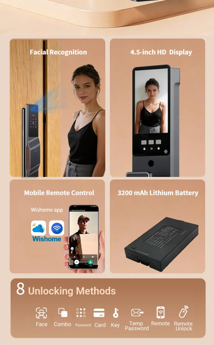 Wishome APP 3D Face Recognition Smart Lock with Camera, Video Call, and Voice Intercom Functions