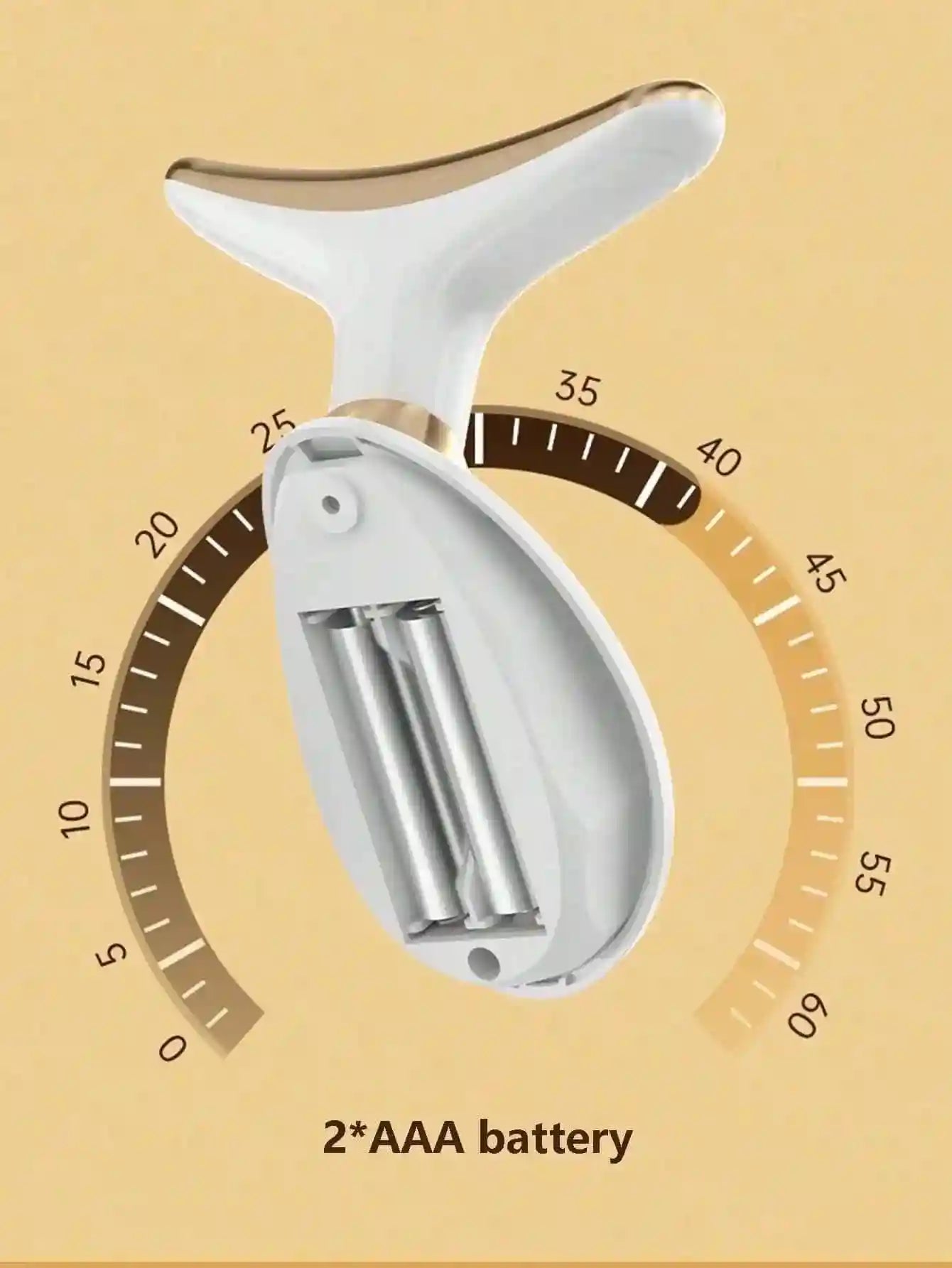 White and gold facial massager showing its 2-AAA battery compartment against a circular time gauge background.