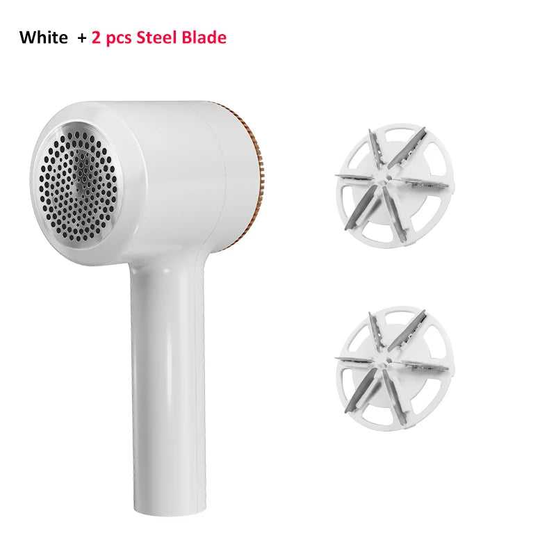 White electric fabric shaver with round grille head and two steel replacement blades