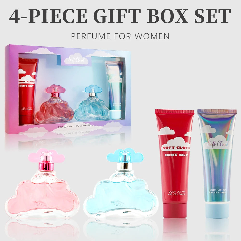 Soft Cloud 4-piece women’s EDT gift set. Pink and blue cloud-shaped bottles, lavender, pear, bergamot notes. Daily wear.
