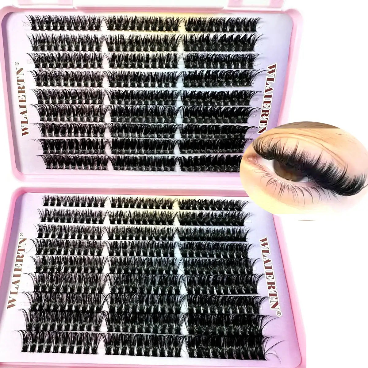 Set of black individual eyelash clusters in a pink storage case, shown applied to an eye for volume.