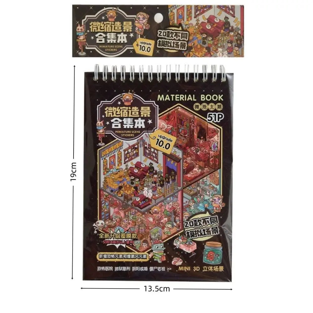 Horror theme miniature scene sticker book with 51 PET sheets for DIY cartoon town crafting and creative play.