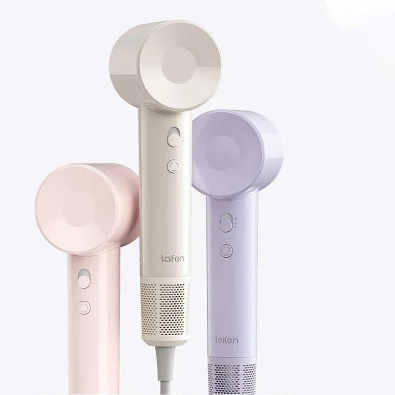 Lightweight 345g Laifen high-speed hair dryers in pink, white, and purple for quiet, fast, constant-temp hair drying.