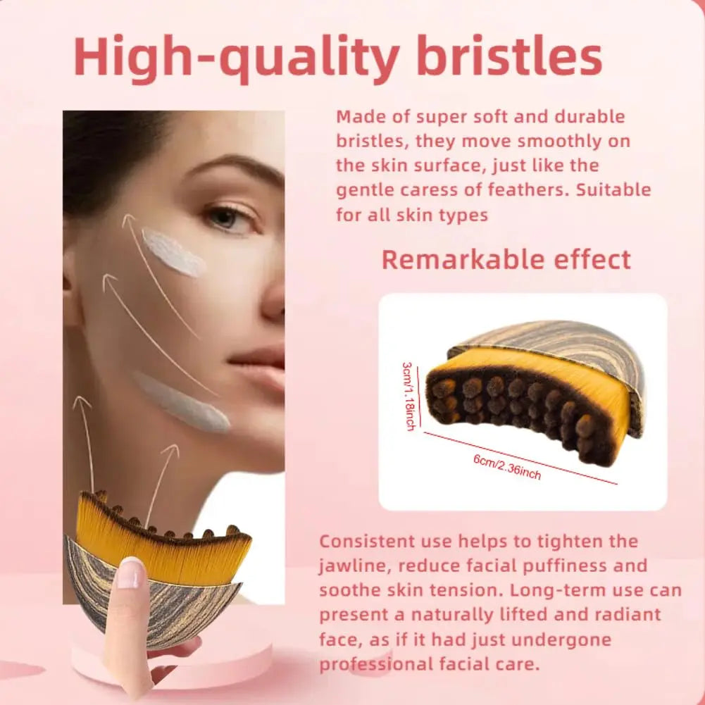 Contour facial brush with soft, dense yellow bristles and a dark wood-grain handle used for massage and sculpting.