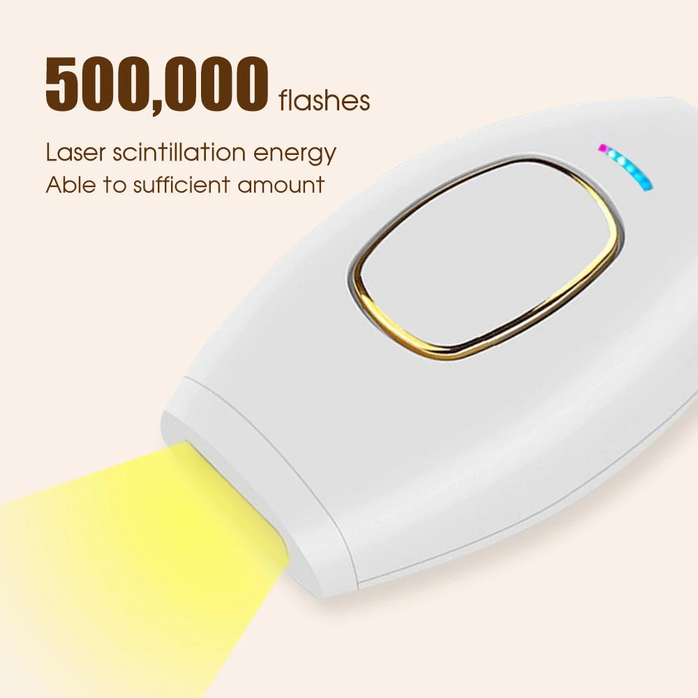 White IPL laser hair removal device with 500,000 flashes, gold accent button, and blue light indicator for home use.
