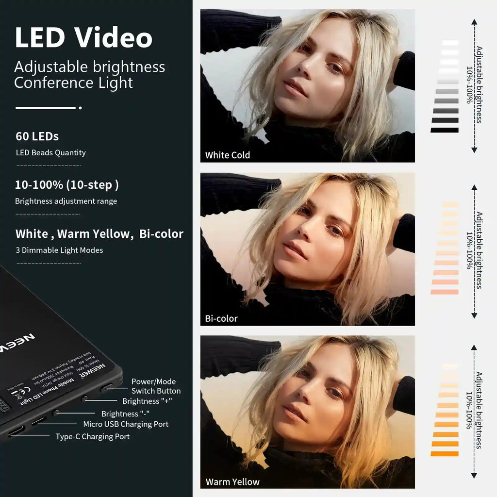 Selfie Light With Clip - 60 LED Rechargeable Ring Light for Mobile Content Tidesmit