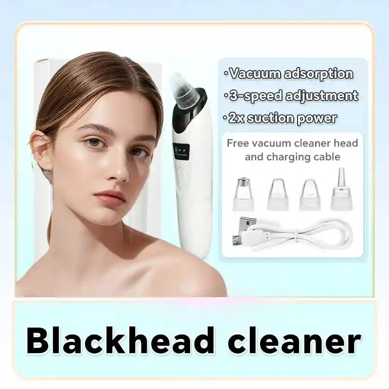 White electric blackhead remover vacuum with 3 suction speeds, multiple heads, and USB charging cable for facial care.