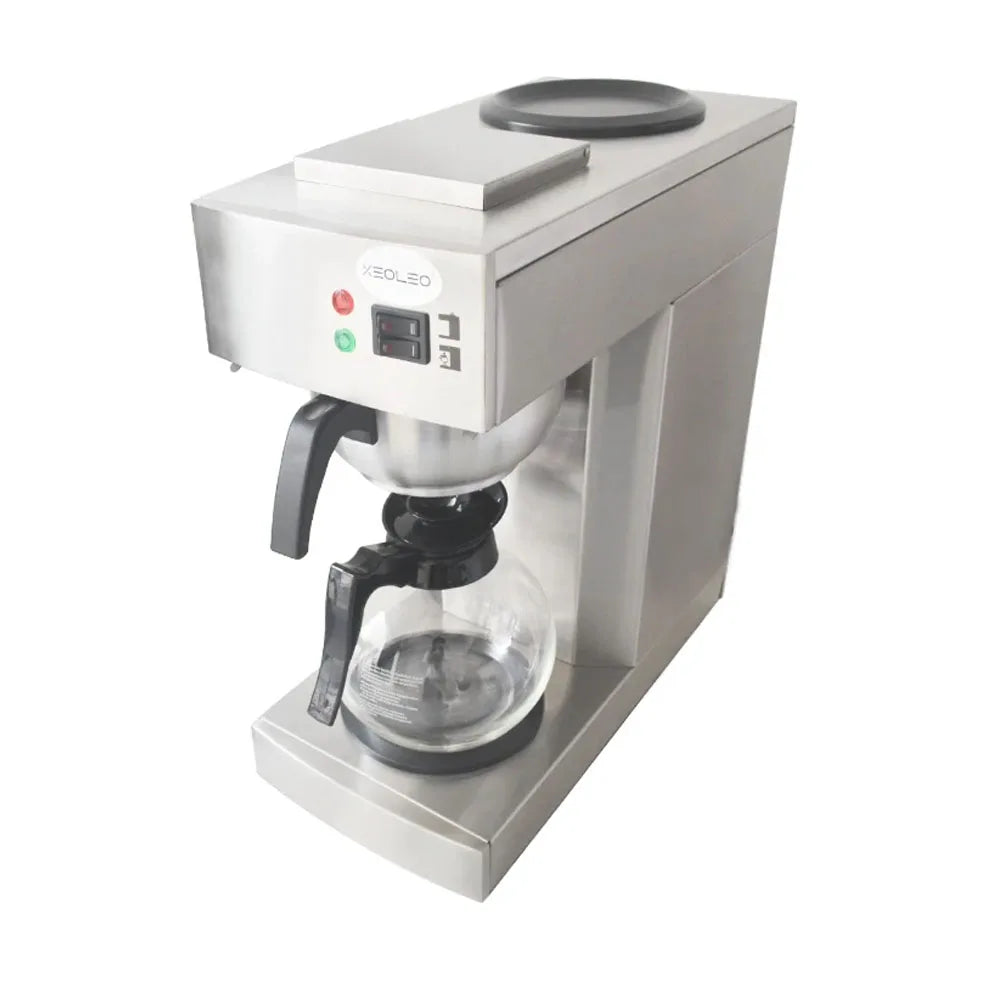 XEOLEO stainless steel commercial coffee maker with glass carafe and dual warmer plates on a white background.