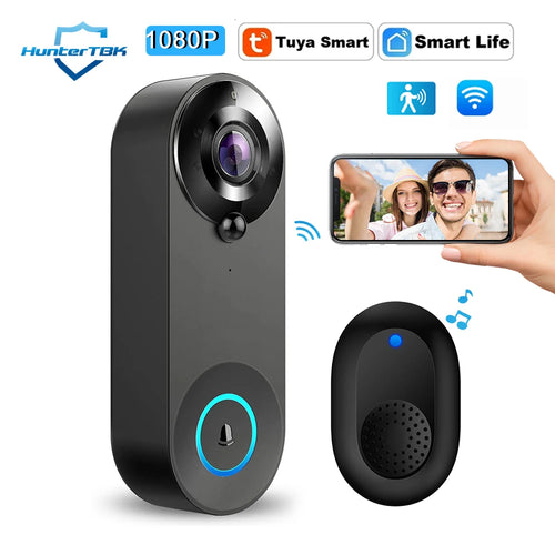Wireless video doorbell camera in black with front lens and ring indicator light