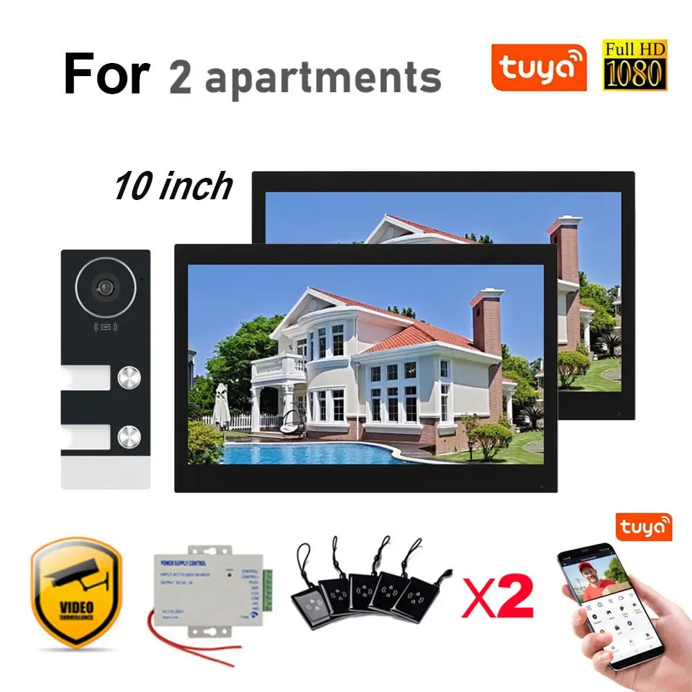 Black video doorbell intercom with 10-inch monitors and outdoor camera door unit
