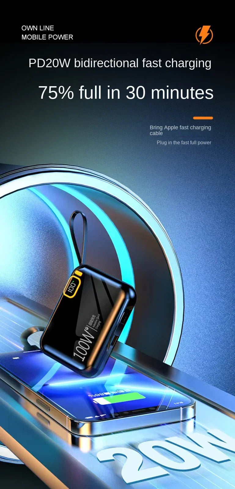 Tidesmit 50000mAh Fast Charging Power Bank with Detachable Cable Tidesmit