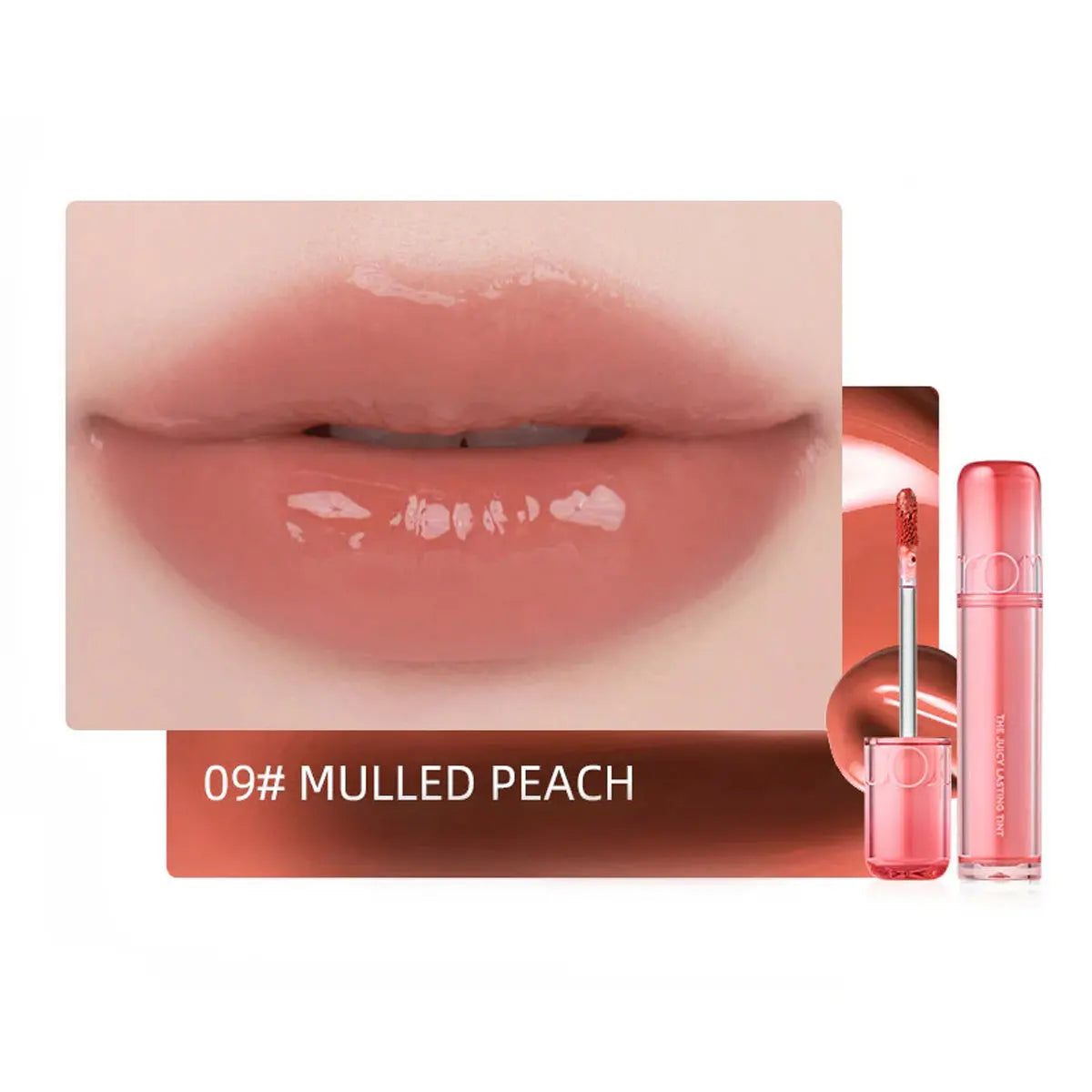 rom&nd Juicy Lasting Tint in 09 Mulled Peach, a hydrating Korean lip gloss with a glossy, peach-toned finish.