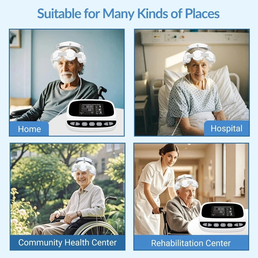 GOVW neuro feedback RTMS device with white headset and digital control unit used for brain therapy in home and clinical.