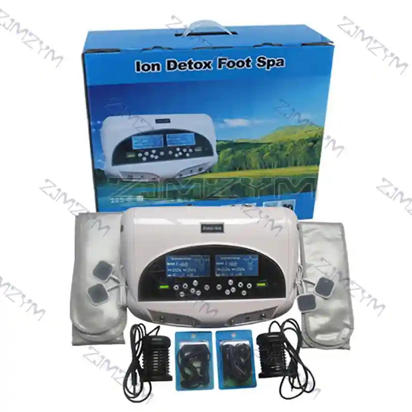 Dual ionic detox foot spa machine with control unit, wrist straps, massage pads, and ion arrays for home body cleanse.