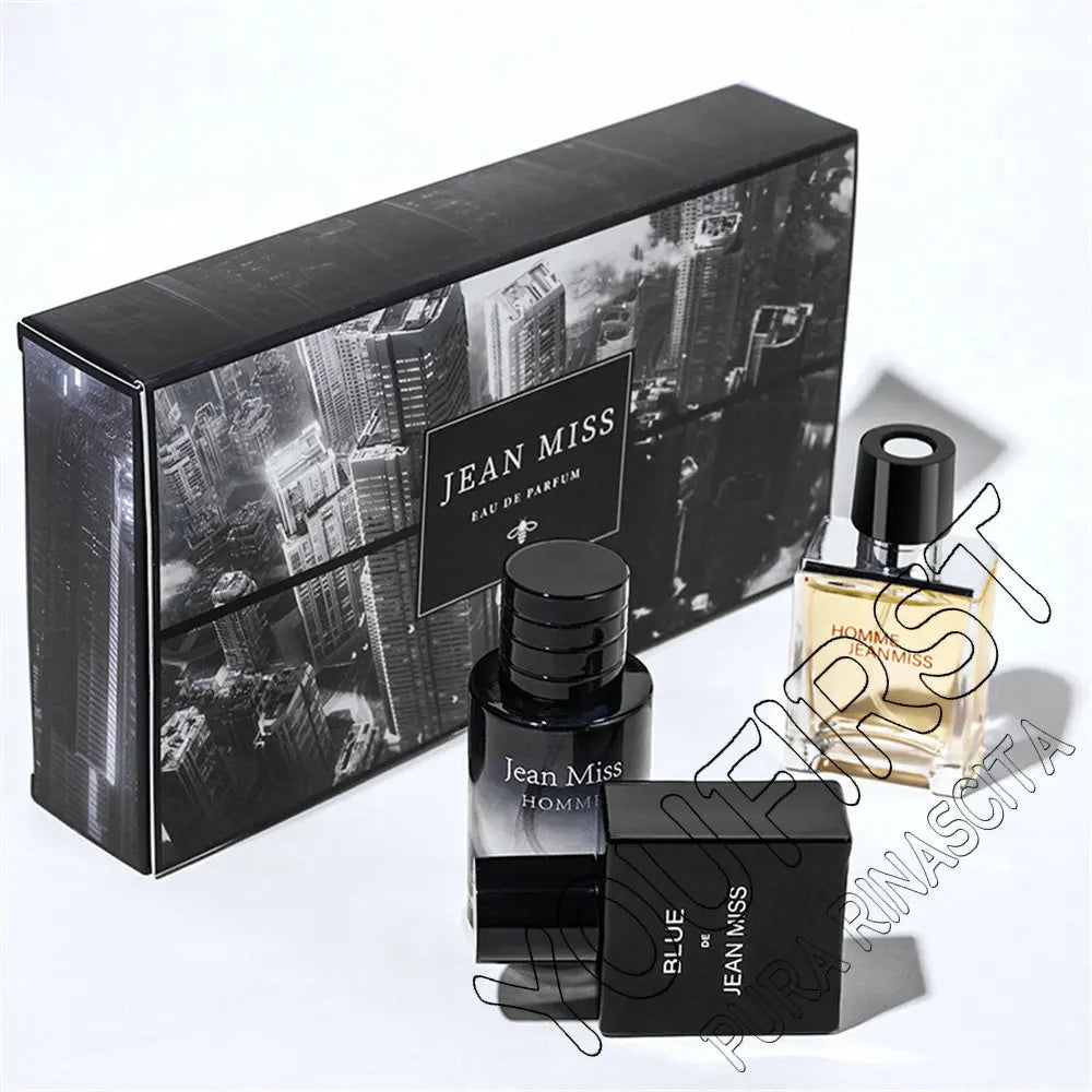Jean Miss 3-piece men's perfume gift set, EDP cologne, square and cylindrical bottles in luxury cityscape box.