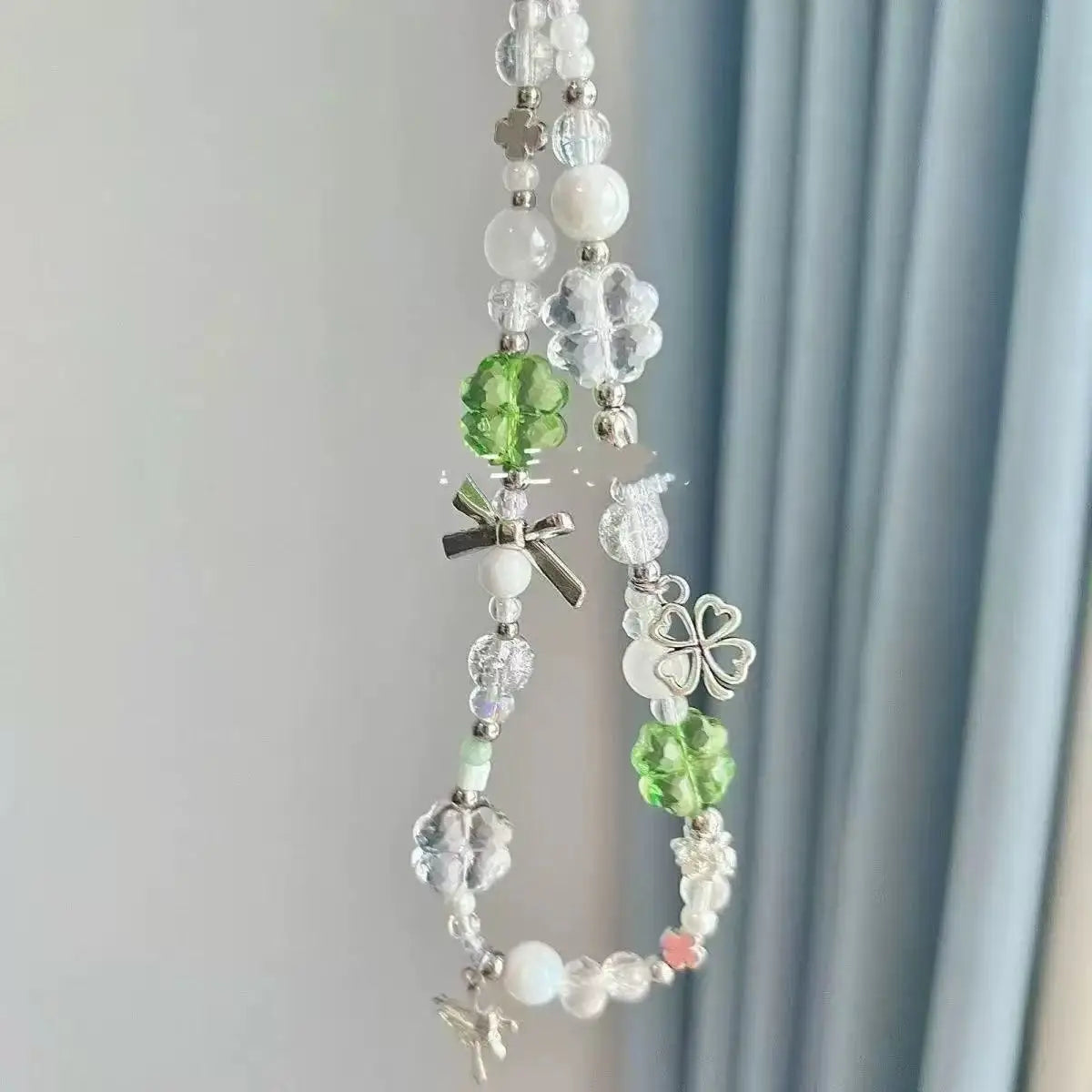 Korean Cute Green Clear Lucky XYun Beaded Keychain Phone Charm Chain Strap Pendant For Phone Accessories Bag Hanging Cord Gift