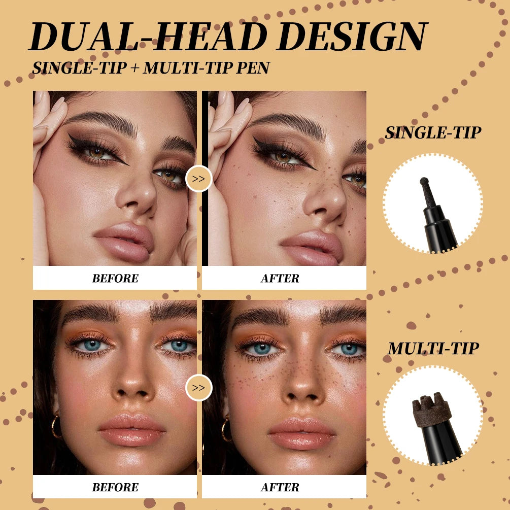 Tidesmit QIBEST double-end freckle stamp pen showing natural brown shade swatch for realistic faux freckle makeup