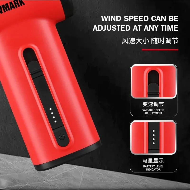 WMARK red professional turbo jet fan featuring adjustable speed control and battery level indicator for hair styling.