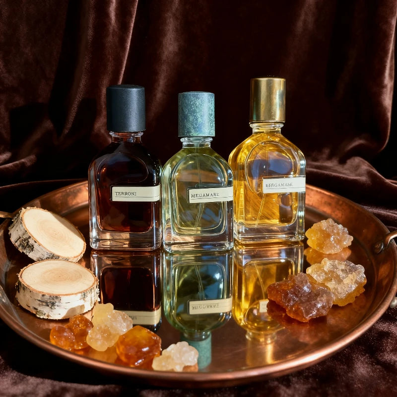 Orto Parisi unisex perfume set: Terroni, Megamare, Bergamask. Oriental woody scent, 50ml glass bottles, amber, musk.