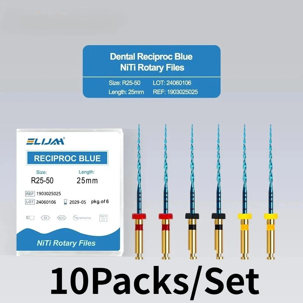 SYJH 10-pack blue NiTi dental reciprocating rotary endodontic files for root canal treatment, 25mm length.