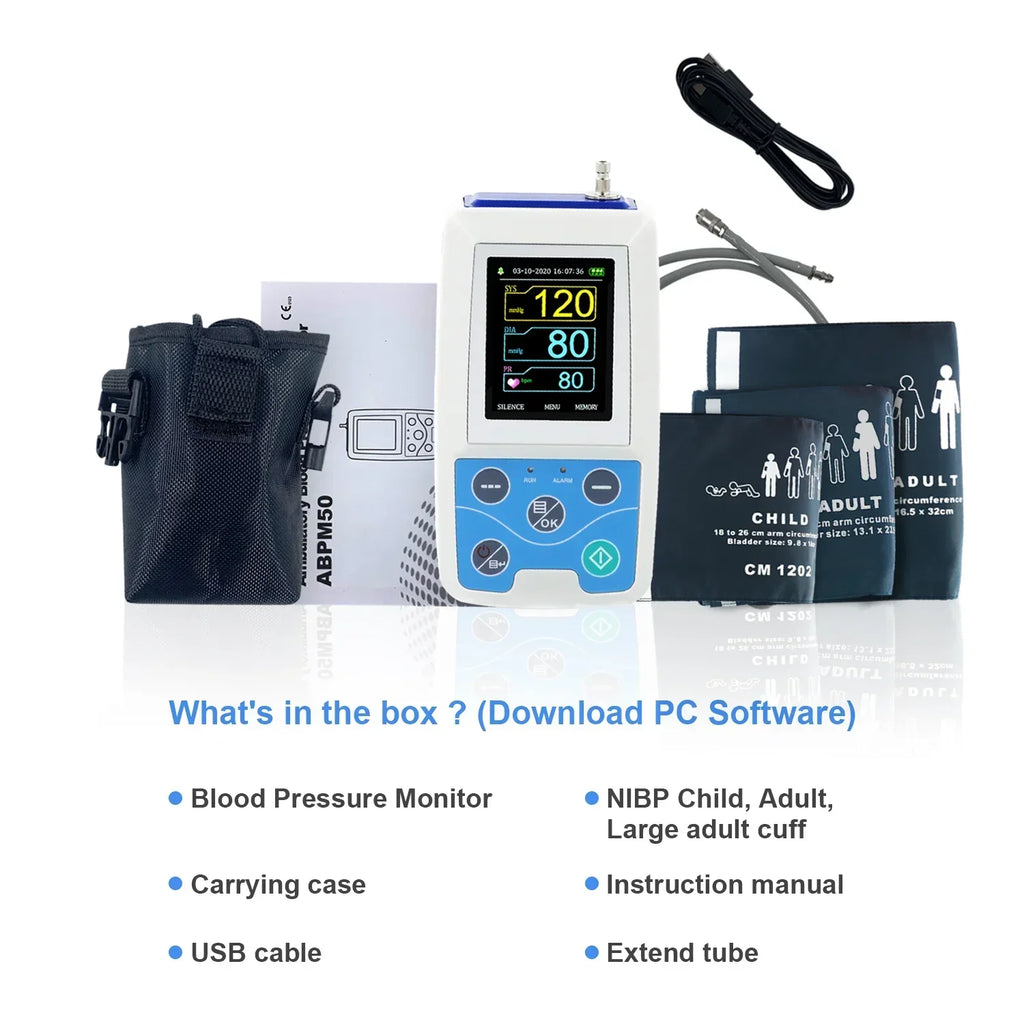 CONTEC ABPM50 24 Hours NIBP Holter Dynamic Upper Arm Digital Blood Pressure Monitor PC Software, Large Adult or Adult Cuff