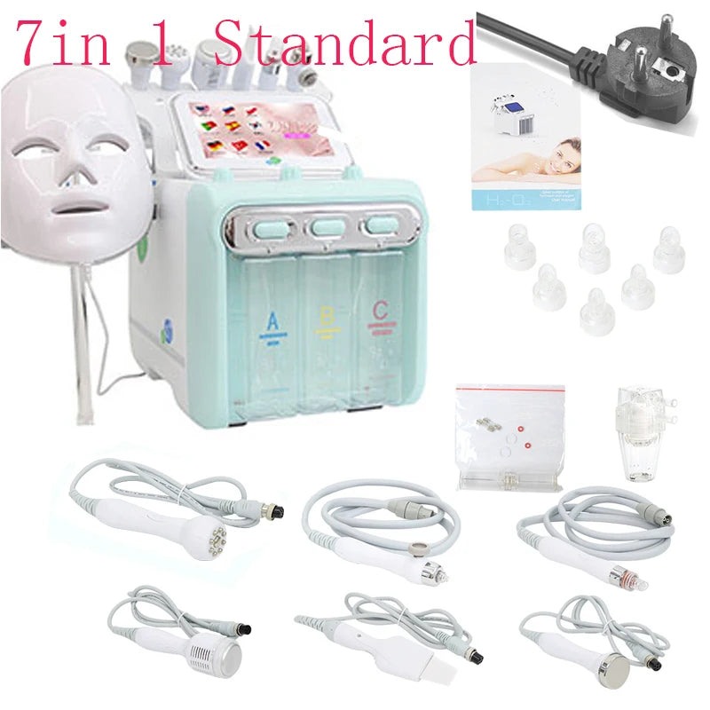 AOKO 7-in-1 hydro dermabrasion facial machine with LED mask, aqua cleaning probes, and skin rejuvenation spa tools.