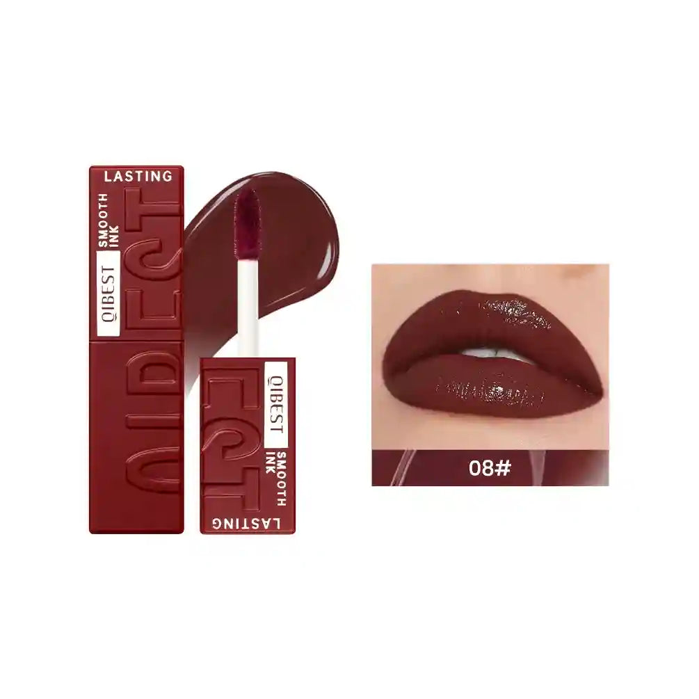 QIBEST deep red watery lip glaze with a mirror glossy finish, moisturizing liquid lipstick, and applicator wand.