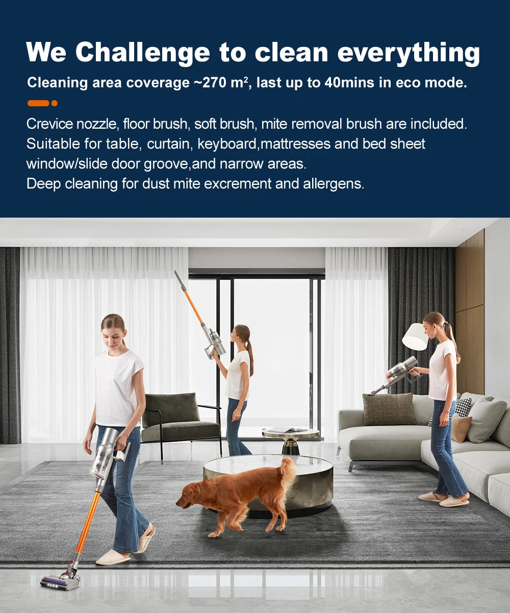 Tidesmit VC205 wireless handheld vacuum showing smart dust sensor and touch screen controls for cordless home cleaning