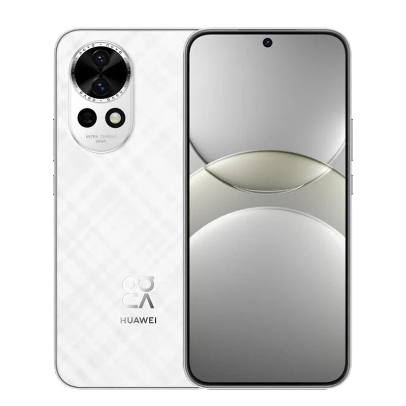 White Huawei Nova 13 5G smartphone, front and back view, 6.7-inch OLED display, 50MP AI camera system.