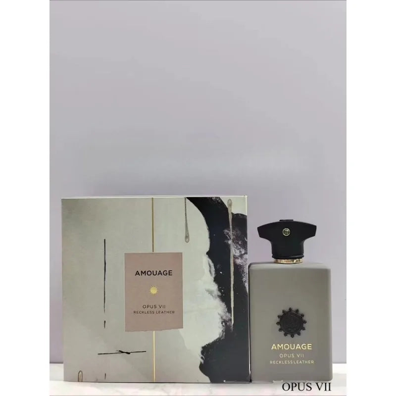 Amouage Opus VII Reckless Leather EDP: 100ml men's woody, leather fragrance in a grey rectangular bottle with black cap.