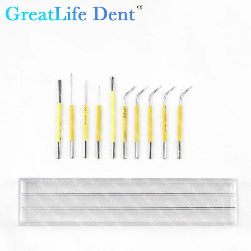 Set of ten dental resin applicators with yellow handles and various metal tips, arranged with a clear plastic holder.