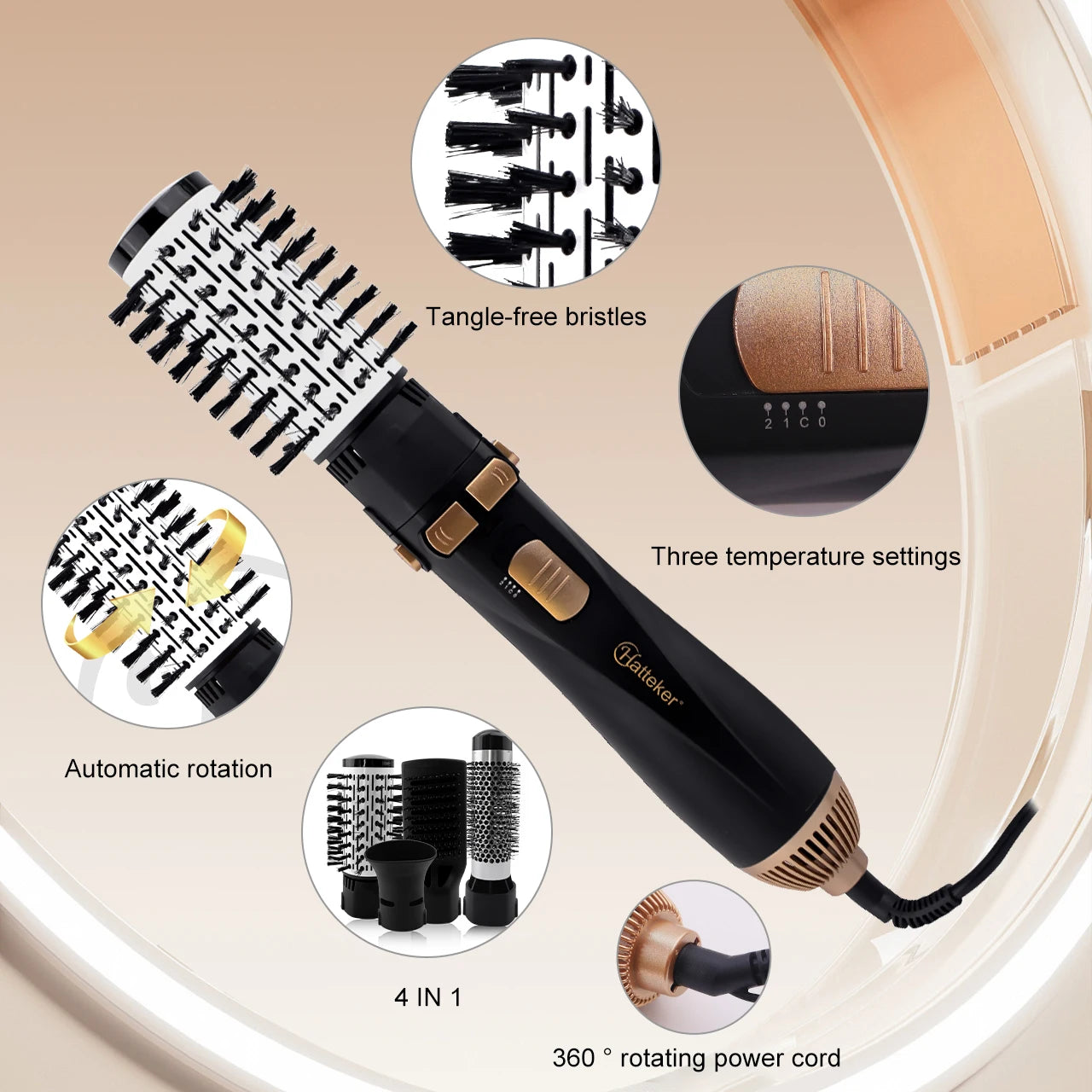 Hatteker 4-in-1 hot air brush, black & gold styling tool with 3 heat settings, auto-rotation, and tangle-free bristles.