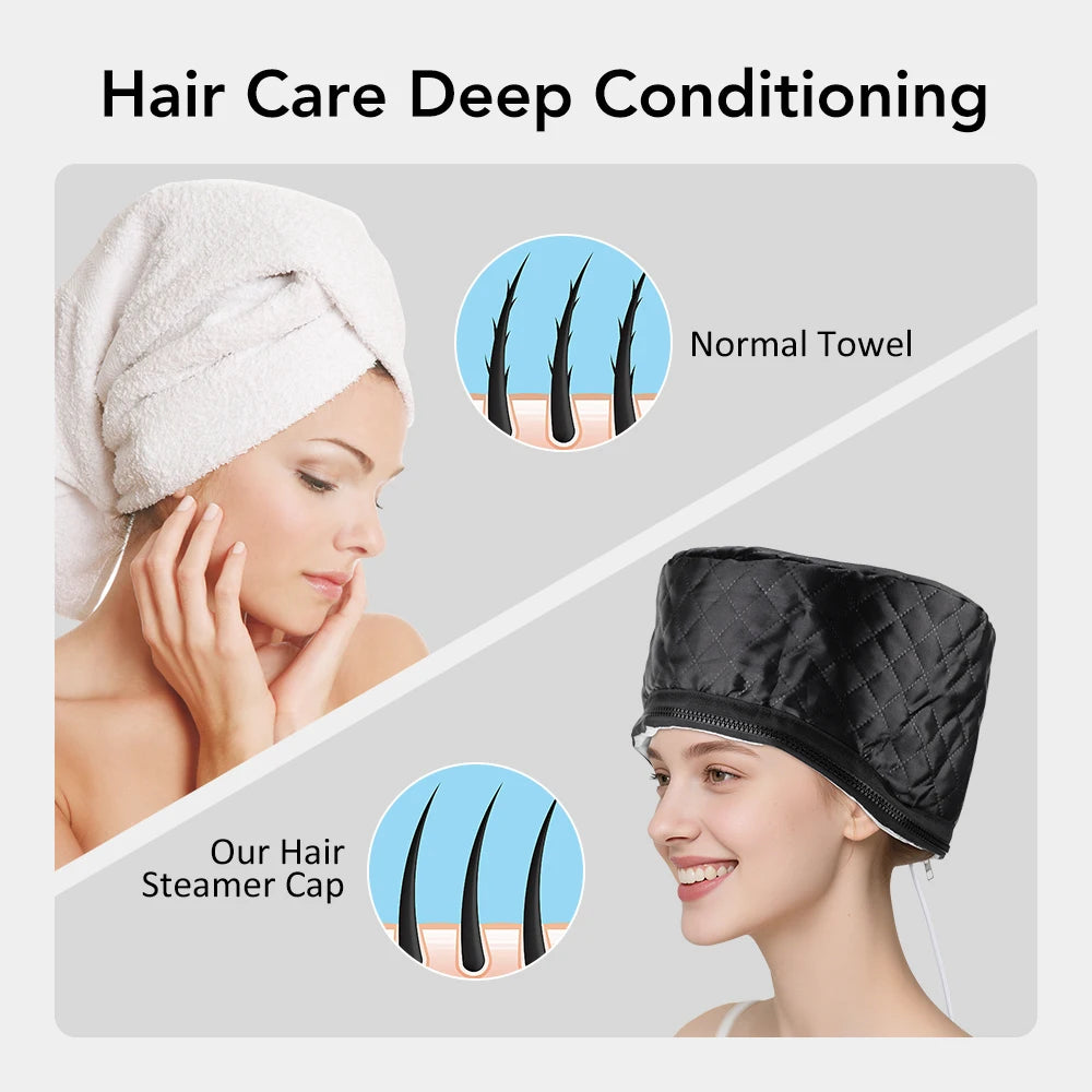 Black quilted electric hair steamer cap for deep conditioning with 9 heat levels and 5 timer settings for salon spa.