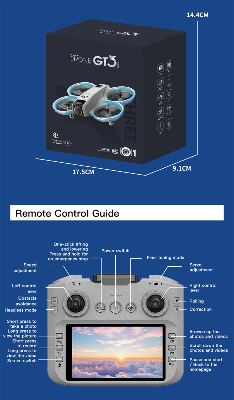 GT3 drone in its box with dimensions, and a grey remote controller with a built-in screen for flight control.