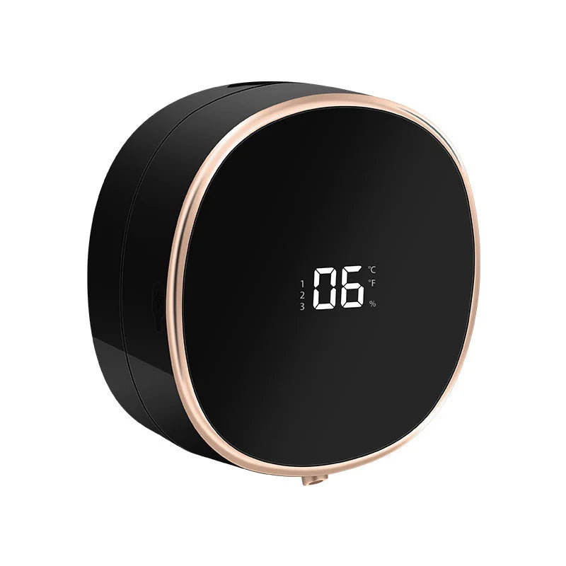 Black round automatic foaming soap dispenser with 06°C LED temperature display and copper rim