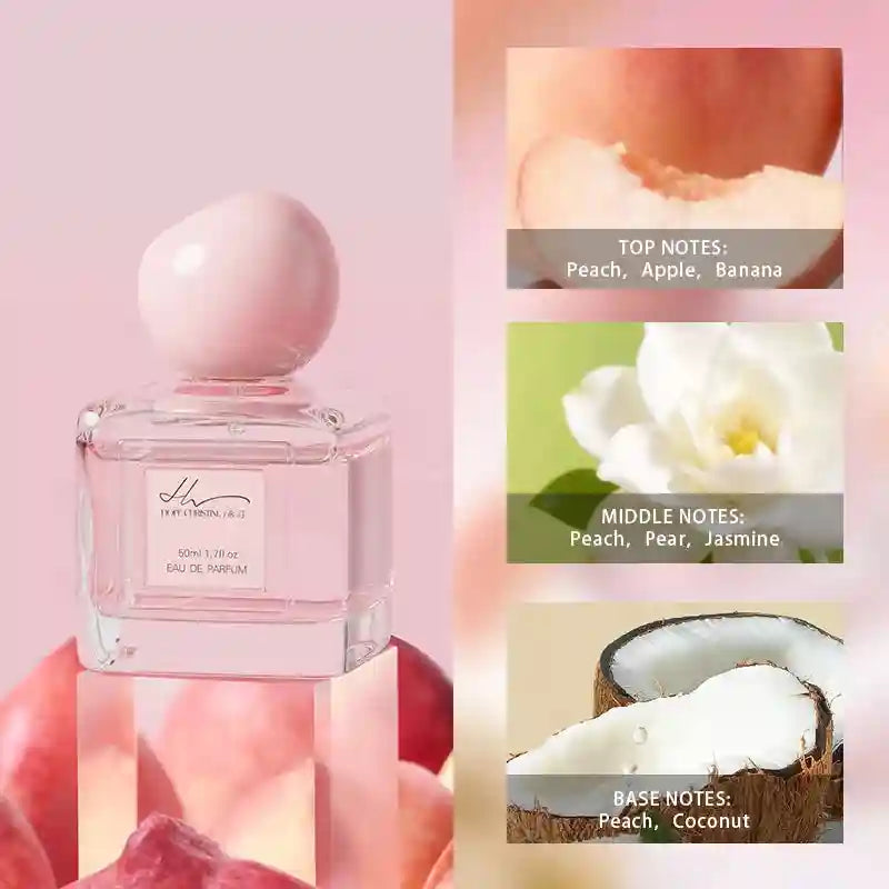 Hope Christine Peach EDP for Women: 50ml square glass bottle with round pink cap, peach, jasmine, & coconut notes.