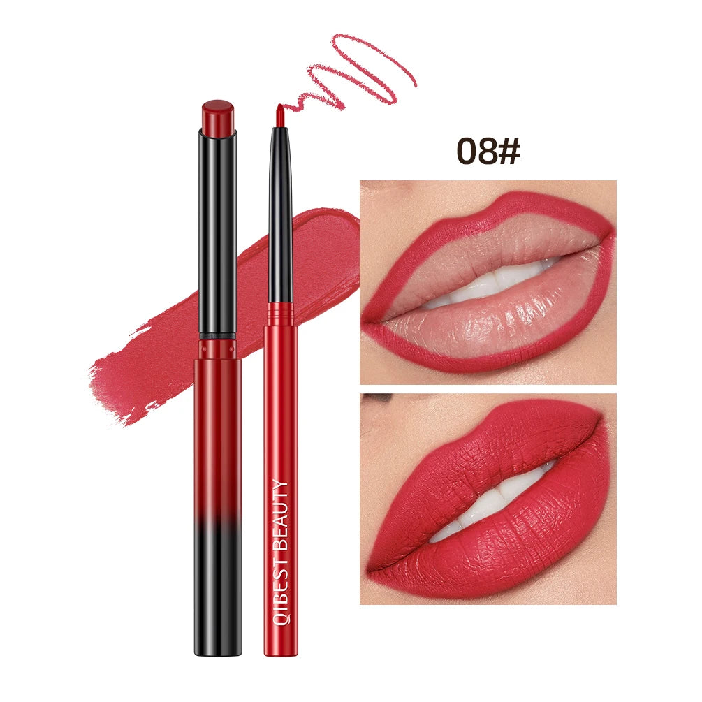 QIBEST matte red lipstick and lip liner pencil set with swatch and lip application demonstration.