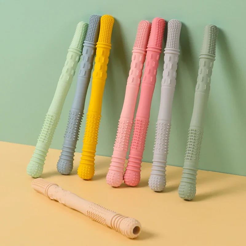 Newborn Hollow Teething Tube Baby Silicone Teether Stick Biting Chewing Straws Nursing Soother Molar Toy Gift for Infants