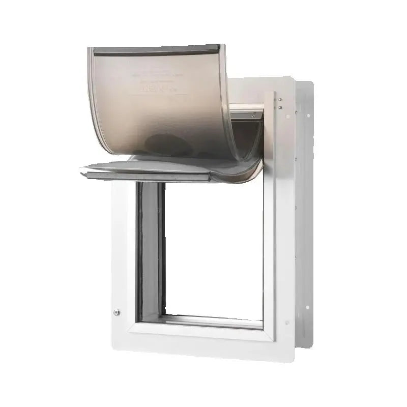 SucceBuy weatherproof pet door with white metal frame and 3-flap system for easy interior or exterior wall installation.