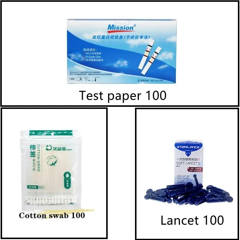 Mission Hemoglobin testing kit with 100 Hb test strips, sterile lancets, and cotton swabs for home anemia analysis.