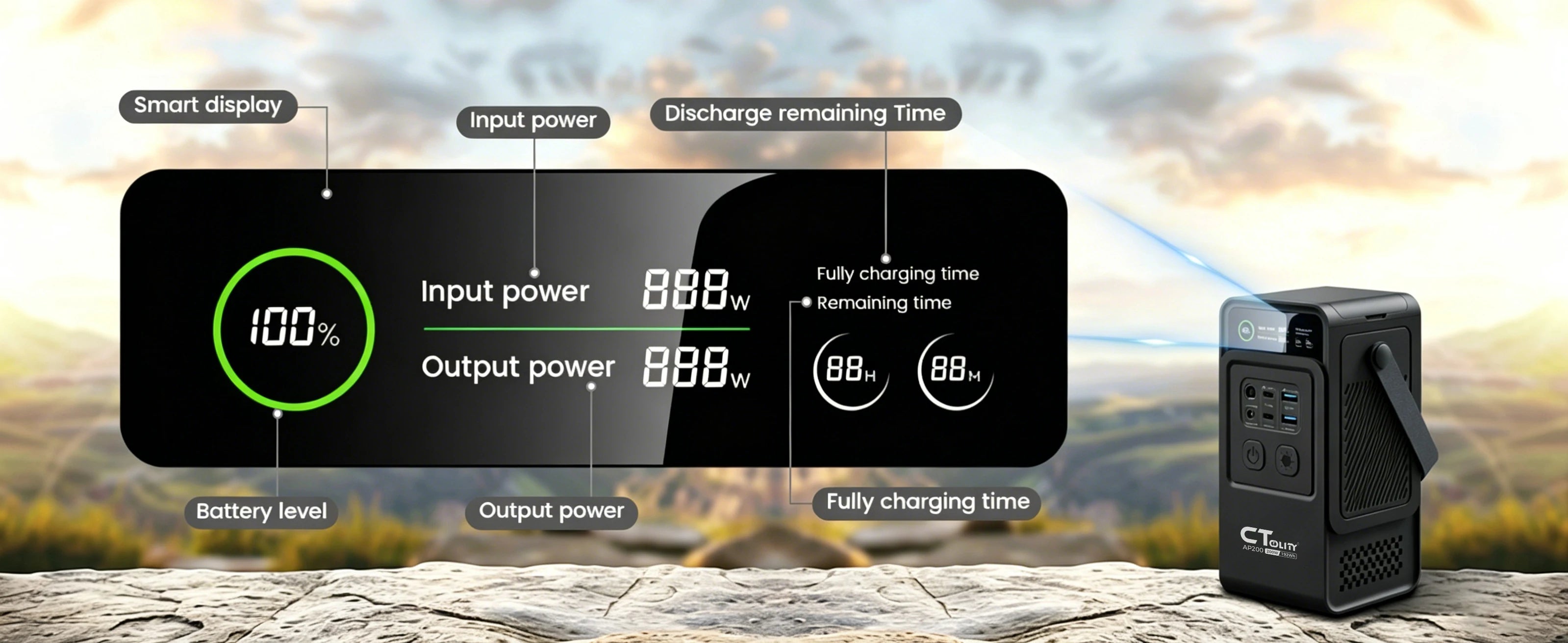 CTOLITY 192Wh Power Station 110V 200W Power Bank Outdoor Camping Portable Solar Generator LiFePO4 Battery Home Backup Power Supply 60000 mAh Emergency Battery