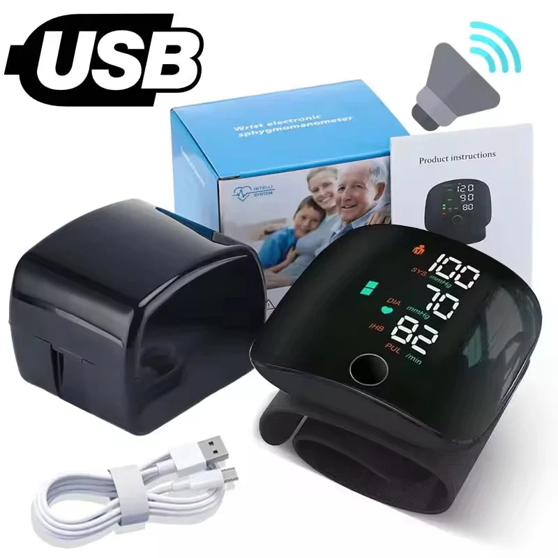 Touch Screen LED Rechargeable Wrist Blood Pressure Monitor English Voice Broadcast Tonometer BP Monitor Pulse