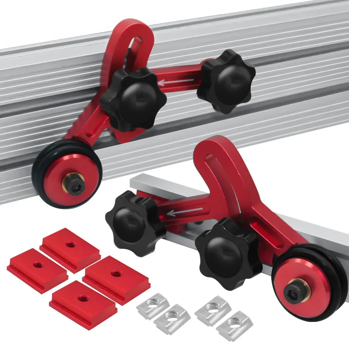 Pair of red bearing roller stock guides with black stops, rollers, and mounting hardware pieces