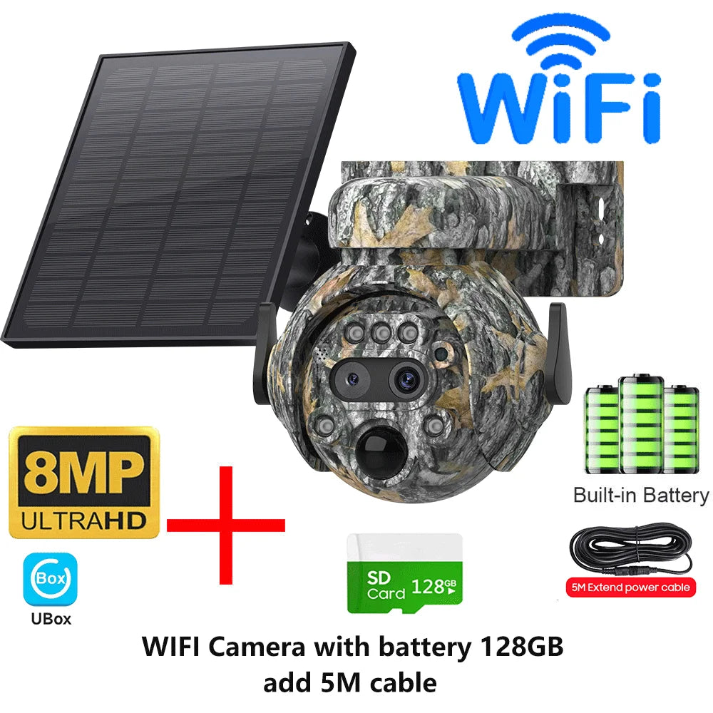 INQMEGA 8MP Solar Powered Camera 4K 4G / WIFI Solar Camera Solar Panel  Security PIR Human Detection Cam in Forest