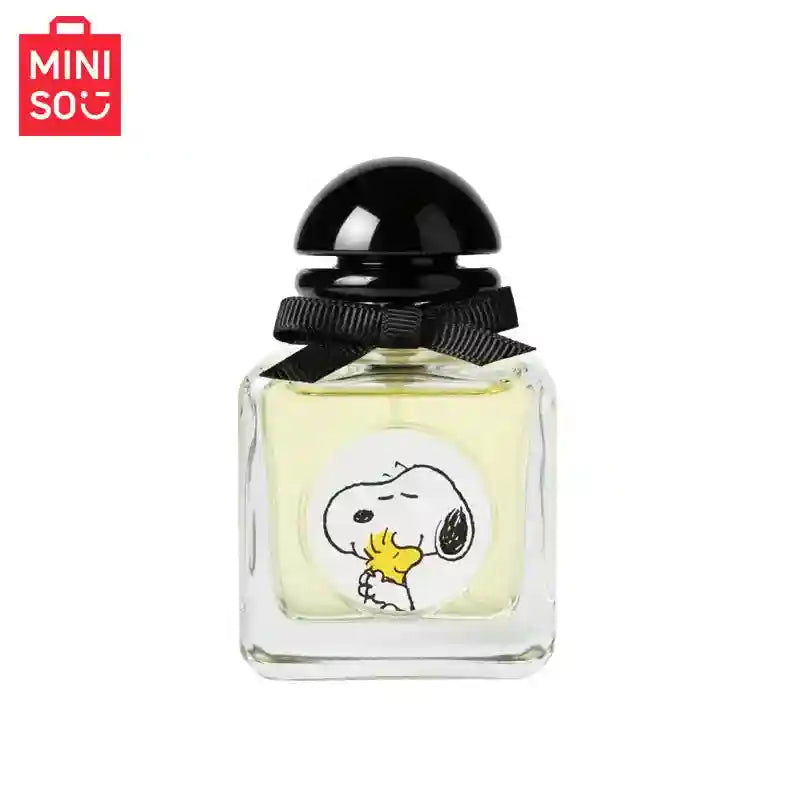 MINISO x Snoopy 50ml fruity floral perfume for women in a square glass bottle with a black bow and round cap.