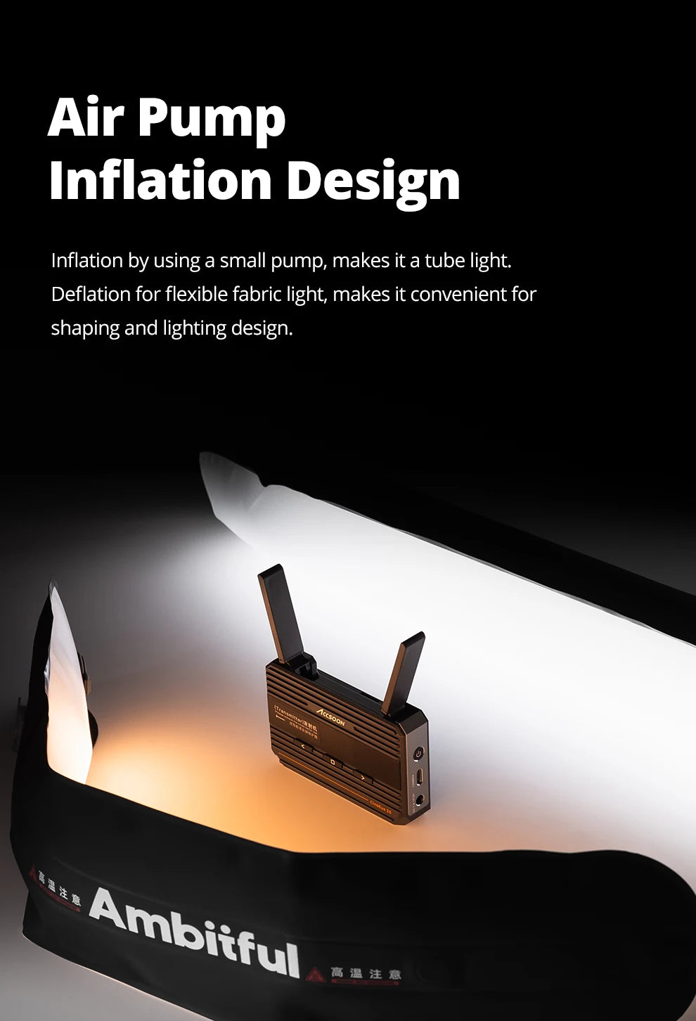 Inflatable LED tube light made of flexible fabric, powered by a black wireless transmitter for portable studio lighting.