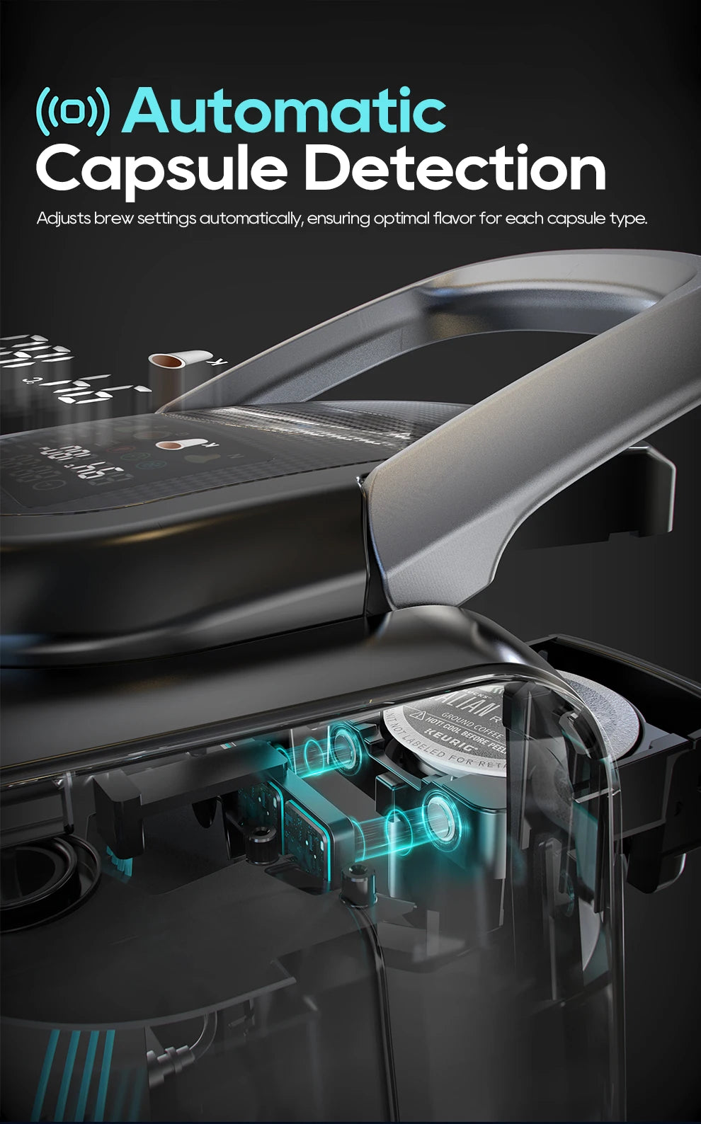 Black Keurig coffee maker with automatic capsule detection feature highlighted for optimal brewing settings.